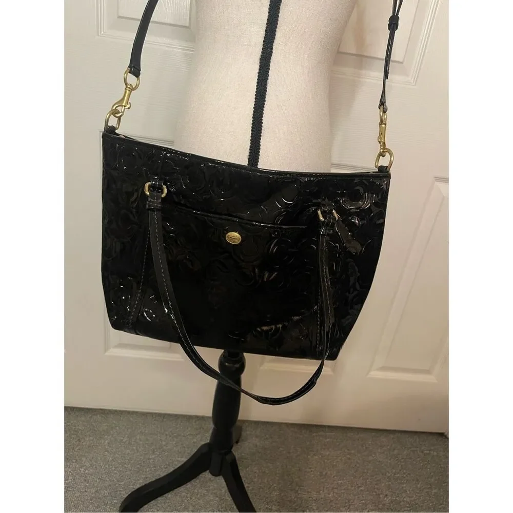 COACH Women's Black Op Art Glossy Patent‎ Leather Tote Bag Purse - Picture 2 of 12